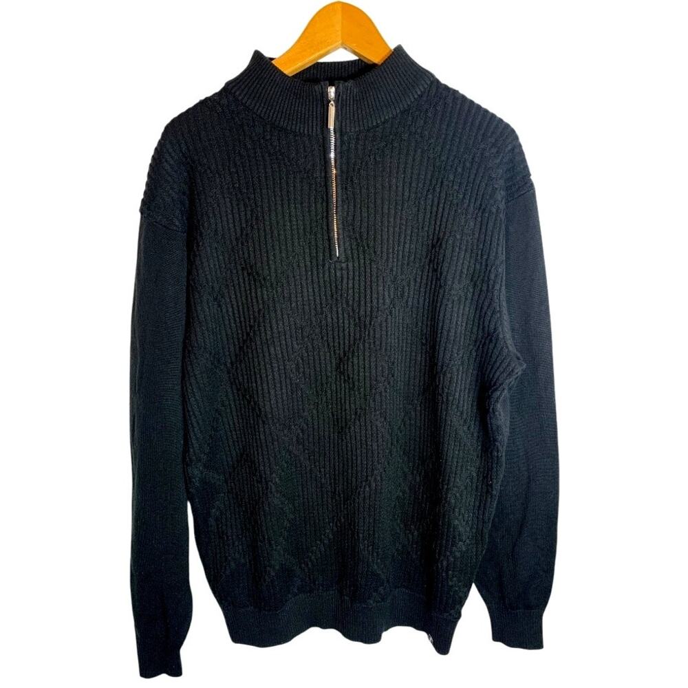 Stacy Adams Mens Black Textured 1/4 Zip Sweater Diamond Pattern Elbow Patches XL